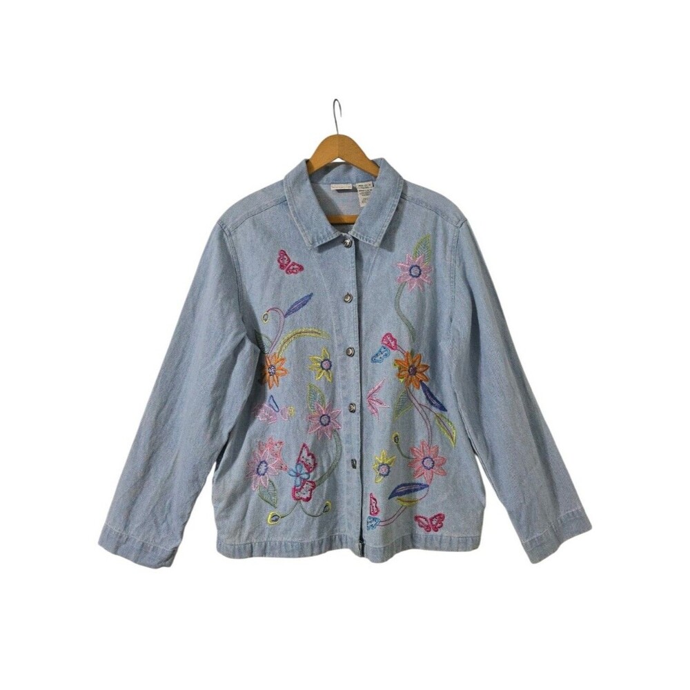 VTG White Stag Embroidered Floral Denim Jacket L Y2K Butterfly Phoebe Artsy Boho